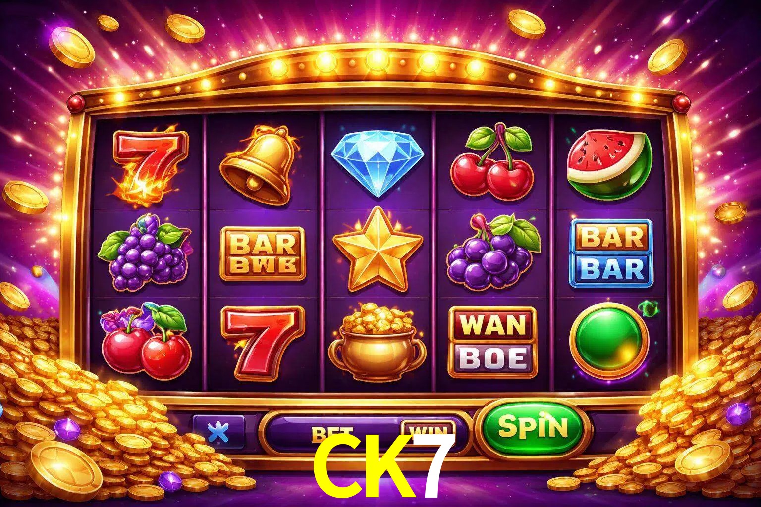 Una interfaz colorida de tragamonedas en línea con símbolos brillantes, monedas y un efecto de victoria celebratoria en CK7.